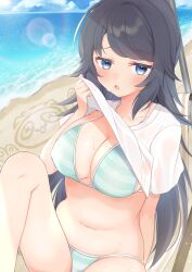 1girl absurdres beach bikini black_hair blue_bikini blue_eyes blush breasts clothes_lift cloud commentary_request day highres horizon inohara_koboshi large_breasts long_hair looking_at_viewer nanashi_(nanashi_234) navel ocean ongeki outdoors ponytail shirt shirt_lift sitting sky solo striped_bikini striped_clothes swimsuit water