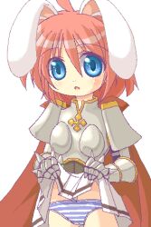 1girl 2000s_(style) animal_ears armor blue_eyes blue_panties blush boobplate breastplate cape commentary_request cowboy_shot cross lifting_own_clothes looking_at_viewer lord_knight_(ragnarok_online) lowres miniskirt oekaki open_mouth panties pauldrons pink_hair rabbit_ears rabbit_girl ragnarok_online red_cape shirokuro_(lapinnoir) short_hair shoulder_armor simple_background skirt solo spiked_gauntlets striped_clothes striped_panties underwear white_background white_panties white_skirt