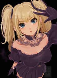 1girl :o absurdres ani_(xai) black_background black_dress black_gloves blonde_hair blue_eyes breasts dot_dot_cotaro dress gloves highres looking_at_viewer off-shoulder_dress off_shoulder open_mouth puffy_short_sleeves puffy_sleeves short_sleeves solo twintails twitter twitter_username w xai_(company)