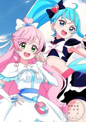 2girls :d ahoge arm_warmers armpit_peek belt bike_shorts black_arm_warmers black_bow black_gloves black_shorts blue_eyes blue_hair blue_sky blush bow braid breasts clenched_hand cloud cloudy_sky commentary cosplay cowboy_shot crop_top cure_black cure_black_(cosplay) cure_prism cure_sky cure_white cure_white_(cosplay) cut_bangs day dress earrings fingerless_gloves frilled_arm_warmers frilled_dress frilled_skirt frilled_sleeves frills futari_wa_precure gloves green_eyes hair_bow hair_intakes hair_ornament hair_ribbon half_up_braid hand_on_own_hip hand_up heart heart_ahoge heart_earrings heart_hair_ornament highres hirogaru_sky!_precure in-franchise_crossover jewelry long_hair looking_at_viewer magical_girl midriff momotarouooi multicolored_hair multiple_girls nijigaoka_mashiro open_mouth outdoors pink_belt pink_hair pink_streaks ponytail pouch precure ribbon short_dress short_sleeves shorts side_braids side_ponytail skirt sky small_breasts smile sora_harewataru standing streaked_hair two-tone_hair very_long_hair watermark white_arm_warmers white_bow white_dress white_ribbon
