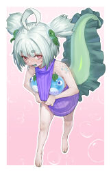 Rule 34 | 1girl, :d, absurdres, agemmata, ahoge, bare arms, bare legs, bare shoulders, barefoot, bubble, bubble hair ornament, clothes pull, colored tongue, commentary, dress, english commentary, fang, frobble (rebbi rombpin), full body, green hair, green nails, green tongue, highres, horizontal pupils, indie virtual youtuber, looking at viewer, meme attire, nail polish, nipples, no pants, open mouth, outline, pink background, purple dress, purple sweater, rebbi rompin, red eyes, ribbed sweater, short twintails, simple background, skin fang, smile, solo, spiral cheeks, sweater, sweater dress, sweater pull, tadpole tail, thick eyebrows, toenail polish, toenails, turtleneck, turtleneck dress, turtleneck sweater, twintails, virgin killer sweater, virtual youtuber, white outline