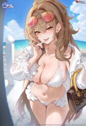 1girl absurdres artist_request azur_lane bag beach bikini blue_sky blurry blurry_background breasts brown_hair cleavage cloud collarbone commentary copyright_name cosmetics crossed_bangs day earrings english_commentary eyewear_on_head fisheye frilled_bikini frills hair_between_eyes hair_intakes handbag high_ponytail highres holding holding_lipstick_tube horizon jewelry large_breasts lion_(azur_lane) lion_(the_reclining_dandelion)_(azur_lane) lipstick_tube long_hair looking_at_viewer navel ocean official_alternate_costume official_art open_clothes open_mouth ponytail recording second-party_source skindentation sky slit_pupils solo stud_earrings sunglasses swimsuit teeth upper_teeth_only v-shaped_eyebrows very_long_hair water wet wet_hair white_bikini