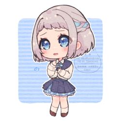 1girl amari_(ama_shiiiiiiba) blue_eyes blue_ribbon blue_skirt braid chibi chibi_only collared_shirt dress_shirt embarrassed flying_sweatdrops full_body gakuen_idolmaster grey_hair hair_ribbon half_up_braid hatsuboshi_gakuen_school_uniform idolmaster jacket katsuragi_lilja neck_ribbon overskirt pleated_skirt ribbon ribbon_braid school_uniform shirt short_hair skirt solo white_jacket white_shirt