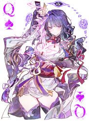 1girl absurdres black_bridal_gauntlets breasts bridal_gauntlets closed_mouth cocoballking commentary genshin_impact highres holding holding_weapon japanese_clothes kimono large_breasts long_hair long_sleeves looking_at_viewer mole mole_under_eye musou_isshin_(genshin_impact) purple_eyes purple_hair purple_kimono purple_thighhighs raiden_shogun short_kimono simple_background solo thighhighs weapon white_background wide_sleeves