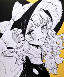 Rule 34 | 1girl, black hat, black vest, blush, braid, buttons, double-parted bangs, frilled hat, frills, hair ribbon, hand up, hat, hat ornament, hat ribbon, kirisame marisa, limited palette, long hair, long sleeves, looking at viewer, open mouth, photo (medium), ribbon, ribbon braid, simple background, single braid, smile, sweater, touhou, traditional media, turtleneck, turtleneck sweater, vest, white ribbon, white sweater, whoru, witch hat, yellow background