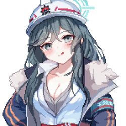 1girl black_jacket blue_archive breasts cleavage grey_eyes grey_hair halo hard_hat hat helmet jacket large_breasts minori_(blue_archive) open_clothes open_jacket pixel_art shirt simple_background solo tinia_etru tongue tongue_out white_background white_hat white_shirt