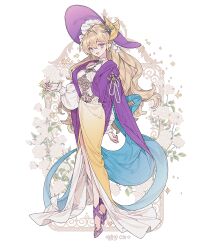 Rule 34 | 1girl, :d, alternate costume, blonde hair, blue eyes, bonnet, commentary, commission, dress, floral background, flower, frilled dress, frilled sleeves, frills, full body, gold embroidery, gradient clothes, gradient dress, hair between eyes, hair ornament, hat, high heels, lemon89h, long hair, long sleeves, looking at viewer, open mouth, original, puffy sleeves, purple bonnet, purple dress, purple shoes, rococo movement, rose, shoes, smile, solo, standing, string of pearls, very long hair, wavy hair, white flower, white rose