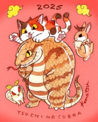 :3 animal animal_focus antlers bakeneko bug calico cat cobra_(animal) commentary_request cryptid highres horns insect jackalope konatsu_tunacan moth mothman multiple_tails negora nekomata no_humans original rabbit red_background simple_background snake tail traditional_media traditional_youkai tsuchinoko two_tails