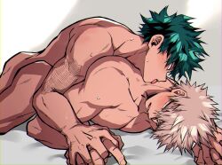 2boys arched_back ass bakugou_katsuki blonde_hair blush boku_no_hero_academia chiyaya completely_nude feet_out_of_frame freckles green_hair highres holding_hands implied_penetration implied_sex interlocked_fingers licking licking_another&#039;s_neck looking_at_another looking_back lying lying_on_person male_focus midoriya_izuku multiple_boys nude on_stomach open_mouth scar scar_on_arm short_hair tongue tongue_out yaoi
