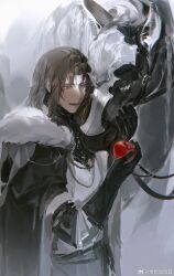 1boy apple armor armored_animal axis_powers_hetalia barding black_gloves black_horse blue_eyes brown_hair cape food fruit fur-trimmed_cape fur_trim gloves grey_background highres holding holding_food holding_fruit horse lithuania_(hetalia) male_focus medium_hair open_mouth quan_zidong_xiaoyin reins smile solo watermark weibo_watermark