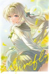 Rule 34 | 1girl, absurdres, black hairband, black ribbon, blush, bow, bowtie, buttons, collared shirt, double-breasted, falling petals, firefly (honkai: star rail), firefly (spring missive) (honkai: star rail), flower, from behind, gradient eyes, green bow, green bowtie, green pupils, grey hair, grey sailor collar, grey shirt, grey skirt, hair between eyes, hair intakes, hair ornament, hair ribbon, hairband, highres, honkai: star rail, honkai (series), long hair, looking back, multicolored eyes, open mouth, petals, plaid bow, plaid bowtie, plaid clothes, pleated skirt, ribbon, sailor collar, shirt, skirt, smile, sohan (sohan 416), solo, teeth, two-tone eyes, white shirt, yellow flower