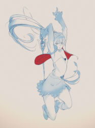 Rule 34 | 1girl, 55bata6rou, arms up, boots, breasts, closed mouth, dress, fighting stance, floating hair, frown, full body, hair floating upwards, high heel boots, high heels, highres, holding, holding sword, holding weapon, jacket, long hair, myrtenaster, open clothes, open jacket, rapier, rwby, simple background, small breasts, solo, spot color, strapless, strapless dress, sword, weapon, weiss schnee
