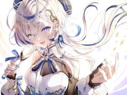 Rule 34 | 1girl, bare shoulders, blue eyes, blue hat, blue nails, blue streaks, clothing cutout, commentary request, dress, floating hair, hair behind ear, hair over one eye, hat, headset, hebi (vtuber), holding, holding microphone, indie virtual youtuber, korean commentary, long hair, microphone, misyune, multicolored hair, neck ribbon, open mouth, parted bangs, ribbon, shoulder cutout, solo, streaked hair, upper body, virtual youtuber, white dress, white hair