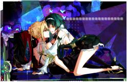 Rule 34 | 2girls, absurdres, artist name, astra yao, black dress, black pants, black shoes, blonde hair, braid, braided bun, commentary, dress, evelyn chevalier, eye contact, green hair, hair bun, high heels, highres, long hair, looking at another, multiple girls, pants, parted lips, purple eyes, red eyes, shirt, shoes, sleeveless, sleeveless shirt, smile, straddling, white shirt, yuri, zahauku, zenless zone zero