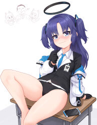&gt;_&lt; 1boy 3girls :d animal_ear_headphones animal_ears arm_hug arm_support doodle_sensei_(blue_archive) bare_legs batazungharn black_gloves black_panties blazer blue_archive blue_necktie blush business_suit cameltoe cat_ear_headphones cat_tail cellphone coat collared_shirt commentary_request desk fake_animal_ears fake_tail formal_clothes gloves hair_ornament hair_ribbon halo headphones highres id_card jacket knee_up leaning_back long_hair long_sleeves looking_at_viewer midori_(blue_archive) momoi_(blue_archive) multiple_girls necktie no_pants open_clothes open_coat open_mouth panties parted_bangs phone purple_eyes purple_hair ribbon school_desk school_uniform sensei_(blue_archive) shirt short_hair sidelocks simple_background sitting smartphone smile solo_focus suit sweatdrop tail thick_thighs thighs tress_ribbon two-sided_coat two-sided_fabric two_side_up underwear wavy_mouth white_background white_coat xd yuuka_(blue_archive)