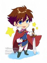 1boy bartz_klauser belt belt_buckle blue_eyes blue_tunic boots brown_belt brown_hair buckle chibi cloak final_fantasy final_fantasy_v hair_between_eyes hand_on_own_hip highres holding holding_sword holding_weapon light_blush male_focus open_mouth pants popped_collar red_cloak sanroku_3 shirt short_hair smile solo star_(symbol) sword tunic twitter_username weapon white_background white_pants white_shirt