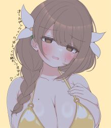 1girl asage_(asgsn) bikini bikini_top_only blush braid braided_ponytail breasts brown_hair cleavage fire_emblem fire_emblem_engage gold_bikini goldmary_(fire_emblem) hair_ribbon large_breasts long_hair looking_at_viewer mole mole_on_breast nintendo open_mouth ribbon smile solo swimsuit white_ribbon yellow_eyes