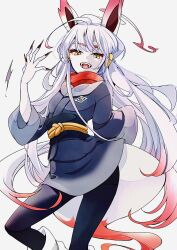 1girl akari_(pokemon) akari_(pokemon)_(cosplay) animal_ear_fluff animal_ears black_pantyhose black_sash blush cocoa_s3 cosplay eyelashes galaxy_expedition_team_survey_corps_uniform grey_jacket highres hisuian_zoroark hisuian_zorua jacket long_hair multicolored_hair nintendo open_mouth pantyhose pokemon pokemon_legends:_arceus red_hair red_scarf sash scarf shirt sidelocks simple_background solo two-tone_hair white_background white_hair yellow_eyes