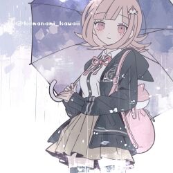 1girl animal_bag breasts brown_hair brown_skirt cat_bag collared_shirt danganronpa_(series) danganronpa_2:_goodbye_despair flipped_hair galaga hair_ornament holding holding_umbrella jacket komanami_kawaii long_sleeves looking_at_viewer medium_hair nanami_chiaki neck_ribbon open_clothes open_jacket pink_bag pink_eyes pink_ribbon pleated_skirt rain ribbon shirt skirt spaceship_hair_ornament thighhighs two-tone_shirt umbrella white_shirt