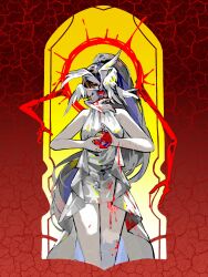 1girl apple black_hair bleeding blood blood_on_body blood_on_clothes bloody_wings border carmen_(project_moon) censored censored_identity covered_mouth cowboy_shot dress feathered_wings food fruit halo halo_behind_head high_ponytail highres holding holding_food holding_fruit lobotomy_corporation long_hair looking_at_viewer multiple_scars multiple_wings one_eye_covered ornate_border outstretched_arms ponytail presenting project_moon red_eyes scar scar_on_arm self-harm seraph sleeveless sleeveless_dress spiked_halo very_long_hair white_dress white_wings wings wrist_cutting zukichou