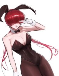 1girl animal_costume bodysuit bow bowtie breasts cleavage curvy dan_koflove female_focus gloves hand_up huge_breasts large_breasts leotard long_hair pale_skin pantyhose playboy_bunny ponytail rabbit rabbit_costume rabbit_ears red_hair see-through_clothes shermie_(kof) shiny_clothes smile smiley_face the_king_of_fighters thick_thighs thighs tight_clothes twintails wide_hips