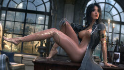 1girl 3d absurdres arm_tattoo asian barefoot black_coat black_eyeshadow black_hair breasts clair_obscur:_expedition_33 coat commentary english_commentary eyeshadow feet foot_tattoo gold_tattoo hand_tattoo highres leg_tattoo lune_(clair_obscur:_expedition_33) makeup red_lips solo tattoo zentaeron