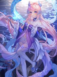 1girl absurdres air_bubble bare_shoulders blue_hair blue_shawl bow-shaped_hair bubble colored_tips foot_out_of_frame genshin_impact gradient_hair hagoromo hands_up highres leg_up long_hair looking_at_viewer multicolored_hair navel off-shoulder_shirt off_shoulder oriane pink_hair purple_eyes purple_shirt sandals sangonomiya_kokomi shawl shirt shorts solo thighhighs underwear white_shorts white_thighhighs wide_sleeves zouri