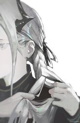 Rule 34 | 1girl, absurdres, black horns, black jacket, braiding hair, grey eyes, grey hair, hairdressing, head out of frame, highres, horns, jacket, original, simple background, solo, sorrowny, upper body, white background