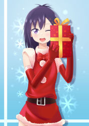 Rule 34 | 1girl, bakasandess, belt, bow, christmas, dot nose, dress, facing viewer, feet out of frame, female focus, gabriel dropout, gift, highres, holding, holding present, medium hair, one eye closed, open mouth, purple eyes, purple hair, santa costume, santa dress, snowflakes, solo, standing, vignette tsukinose april