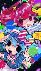 2girls apron black_eyes blue_dress blue_hair blush buttons collared_dress doradorakingyo double-breasted dress drill_hair false_smile gloves hair_between_eyes hands_up hashtag-only_commentary hat hatsune_miku kasane_teto kepi looking_at_viewer mesmerizer_(vocaloid) military_hat multiple_girls open_mouth pinstripe_dress pinstripe_pattern red_eyes red_hat sailor_collar sharp_teeth shirt sleeves_rolled_up smile smiley_hat_ornament solid_oval_eyes striped_clothes striped_shirt sweat teeth tongue tongue_out twin_drills twintails upper_body utau vocaloid waist_apron white_apron white_sailor_collar white_shirt white_wrist_cuffs wrist_cuffs yellow_gloves