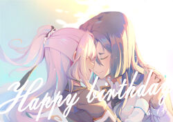 Rule 34 | 2girls, absurdres, black hair, brown jacket, closed eyes, closed mouth, commentary request, dated, face-to-face, facing another, hair between eyes, half updo, happy birthday, highres, holding hands, interlocked fingers, jacket, long hair, long sleeves, multiple girls, one side up, open mouth, origami family&#039;s elite guard uniform, origami yukari, pink hair, profile, sidelocks, smile, toji no miko, tsubakuro yume, white jacket, yukikuma (yukikuma 018), yuri