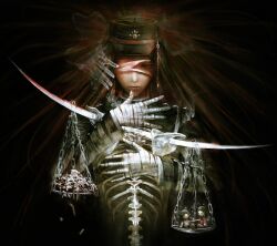 Rule 34 | 1boy, arms up, bandage over one eye, bandaged hand, bandages, black hair, bone, character doll, chinese commentary, closed mouth, commentary request, cowboy shot, danganronpa (series), danganronpa v3: killing harmony, doll, empty eyes, green hat, haidai qingtang (biology447), hat, jacket, layered sleeves, lips, long hair, long sleeves, looking down, male focus, one eye covered, pile of corpses, ribs, shinguji korekiyo, solo, spiked jacket, spikes, spine, very long hair, weighing scale