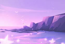 1girl artist_name bird dress horizon huhv. ocean original outdoors pink_sky scenery sky solo standing star_(symbol) water watermark white_dress white_hair