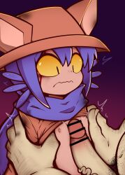 1boy 1girl animal_ear_headwear animal_ears bar_censor blue_hair blue_scarf breasts breasts_squeezed_together brown_shirt censored chain chained closed_mouth clothes_lift colored_sclera fake_animal_ears flat_chest gender_request grabbing_another&#039;s_shoulder gradient_background hair_between_eyes hat highres loli long_sleeves looking_at_penis male_pubic_hair naizuri nekosatsu1 niko_(oneshot) nipples nose oneshot_(game) paizuri penis pubic_hair rape restrained scarf shirt shoulder_grab sidelocks simple_background veins veiny_penis wavy_mouth yellow_eyes yellow_sclera