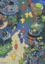 blue_pikmin book bucket bucket_of_water bug bulborb bush candypop_bud chair commentary cup flower franchescovaccari frog highres insect ladybug leaf nintendo no_humans onion_(pikmin) pikmin_(creature) pikmin_(series) plant postage_stamp potted_plant red_flower red_pikmin rock_pikmin sand spanish_commentary sunlight table teacup terrarium walking white_flower winged_pikmin yellow_flower yellow_pikmin yellow_wollyhop