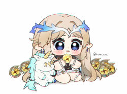 1girl blonde_hair blue_eyes cartethyia_(wuthering_waves) chibi chibi_only chromatic_aberration commentary crown_of_thorns earrings eating holding hue_oo imperator_(wuthering_waves) jewelry pointy_ears simple_background sitting solo stuffed_animal stuffed_toy symbol-only_commentary tabard tacet_mark_(wuthering_waves) twitter_username unicorn white_background white_tabard wuthering_waves