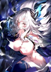 1girl absurdres areola_slip back_fin bare_shoulders blue_thighhighs blush breasts censored commentary elbow_gloves english_commentary genshin_impact gloves grey_hair hair_ornament highres large_breasts long_hair looking_at_viewer navel no_panties nude open_mouth pink_eyes red_eyes redcomet skirk_(genshin_impact) solo thighhighs