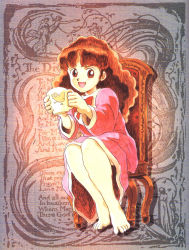 1girl akai_takami barefoot blush brown_eyes brown_hair chair dress drink highres holding_cup long_hair long_sleeves looking_at_viewer olive_oyl_(princess_maker_2) open_mouth pink_dress princess_maker_(series) princess_maker_2 sitting smile