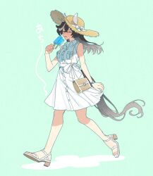 1girl acta_0907 alternate_costume animal_ears arm_at_side bag bare_shoulders black_hair blush bow casual closed_eyes collared_dress commentary dress ear_covers ears_through_headwear food full_body green_background hand_up hat highres holding holding_food holding_popsicle horse_ears horse_girl horse_tail katsuragi_ace_(umamusume) long_hair multicolored_hair open_mouth popsicle sandals shoulder_bag simple_background sleeveless sleeveless_dress solo straw_hat streaked_hair sun_hat sweat symbol-only_commentary tail translated umamusume waist_bow walking watch white_bow white_dress white_hair white_sandals wristwatch