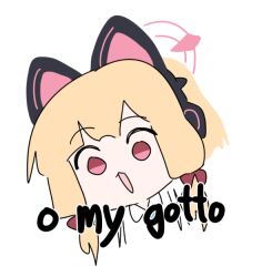 Rule 34 | 1girl, animal ear headphones, animal ears, blonde hair, blue archive, cat ear headphones, english text, engrish text, fake animal ears, gorokara, halo, headphones, meme, momoi (blue archive), oh my gotto (meme), open mouth, pink eyes, pink halo, portrait, ranguage, simple background, solo, white background