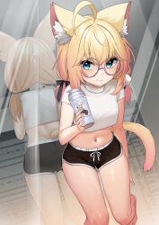1girl absurdres ahoge animal_ear_fluff animal_ears aqua_eyes black_ribbon black_shorts blonde_hair cat_ears cat_girl cat_tail closed_mouth cowboy_shot cup dolphin_shorts fang glass hair_ornament highres holding holding_cup indie_virtual_youtuber jun_project looking_at_viewer low_twintails midriff minikomew mirror navel navel_piercing piercing pom_pom_(clothes) pom_pom_hair_ornament ribbon shirt shorts skin_fang solo standing tail twintails waifuspite white_shirt