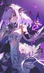 1girl absurdres asymmetrical_gloves black_tiara breasts bug butterfly castorice_(honkai:_star_rail) commentary dress elbow_gloves flower flower_ornament gloves hair_flower hair_ornament hi_i_dubu highres honkai:_star_rail honkai_(series) insect large_breasts long_hair parted_lips pointy_ears purple_background purple_butterfly purple_eyes purple_gloves purple_hair solo symbol-only_commentary tiara uneven_gloves white_dress