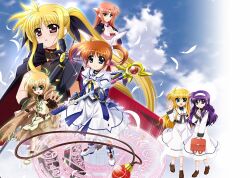 Rule 34 | 1boy, 5girls, animal ears, arf, arisa bunnings, axe, backpack, bag, bardiche (device form) (nanoha), bardiche (nanoha), black cape, black gloves, black leotard, blonde hair, blue eyes, breasts, brown cloak, brown hair, brown shorts, cape, cleavage, cloak, closed mouth, collared dress, commentary, dress, fate testarossa, fate testarossa (movie 1st form), feathers, fingerless gloves, full body, gloves, green eyes, hairband, higa yukari, highres, holding, holding axe, holding staff, leotard, looking at viewer, lyrical nanoha, mage staff, magic circle, mahou shoujo lyrical nanoha, mahou shoujo lyrical nanoha the movie 1st, multiple girls, one side up, open mouth, orange hair, parted lips, purple hair, raising heart, raising heart (device mode) (1st), randoseru, red cape, red eyes, sailor collar, school uniform, seishou elementary school uniform, serafuku, short hair, shorts, sky, staff, standing, standing on magic circle, takamachi nanoha, takamachi nanoha (movie 1st mode), tsukimura suzuka, two-sided cape, two-sided fabric, watermark, waving, white dress, white hairband, white sailor collar, white serafuku, wolf ears, yuuno scrya