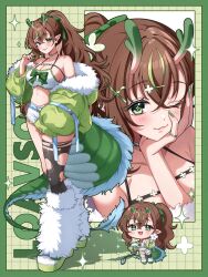 1girl ;) blush breasts brown_hair chibi cleavage commentary commission copyright_request double-parted_bangs english_commentary full_body fur_leg_warmers highres ichiko_1234 indie_virtual_youtuber large_breasts leg_warmers loavso looking_at_viewer multiple_views one_eye_closed single_thighhigh smile standing thighhighs torn_clothes torn_thighhighs vgen_commission