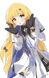 Rule 34 | 1girl, absurdres, black bow, black collar, black gloves, blonde hair, blue eyes, blue gemstone, blue sash, bow, collar, commentary, corrupted twitter file, cowboy shot, cryne, gem, gloves, hair bow, hair ornament, highres, long hair, long sleeves, looking at viewer, no headwear, phoebe (wuthering waves), sash, shirt, simple background, skirt, solo, striped bow, very long hair, white background, white shirt, white skirt, wuthering waves, x hair ornament