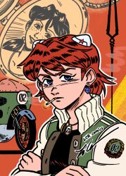 1girl alternate_hair_length alternate_hairstyle artist_name cigarette commentary crossed_arms crystal_earrings earrings english_commentary green_eyes horaki_hikari interface_headset_(evangelion) jacket jewelry lance_of_longinus_(evangelion) lcr_comics letterman_jacket locket necklace neon_genesis_evangelion pendant signature smoke smoking solo souryuu_asuka_langley upper_body