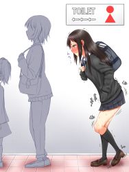 3girls apotea arrow_(symbol) backpack bag black_socks black_sweater blue_skirt blush breasts brown_footwear brown_hair closed_mouth embarrassed english_text faceless faceless_female female_focus from_side full_body green_eyes hand_in_pocket handbag have_to_pee heel_up highres idolmaster idolmaster_cinderella_girls japanese_text kneehighs leaning_forward long_hair long_sleeves miniskirt multiple_girls necktie nose_blush pants pleated_skirt profile queue school_uniform shibuya_rin shirt shoes short_hair sign skirt small_breasts socks solo_focus standing striped_neckwear sweat sweater translation_request trembling wavy_mouth white_shirt