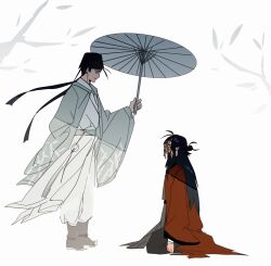 2boys absurdres arm_at_side bandaged_arm bandages black_hair black_hanfu black_hat blue_coat blue_eyes boots branch chinese_clothes chinese_commentary coat coin coin_mask covered_mouth dao_gui_yi_xian from_side full_body grey_boots hair_bun half_updo hanfu hat hat_ribbon highres holding holding_umbrella jin_(headwear) kneeling leaf li_huowang long_hair long_sleeves looking_at_another male_focus mask mouth_veil multiple_boys oil-paper_umbrella open_clothes open_coat pants profile red_coat red_eyes ribbon robe shared_umbrella simple_background single_hair_bun sishixiansheng12138 sitting smile standing tassel tree umbrella updo veil very_long_hair white_background white_hanfu wide_sleeves yaoi yaopei zhouzi_jin_(headwear) zhuge_yuan