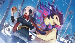 Rule 34 | 1girl, akari (pokemon), black coat, black hair, coat, cowboy shot, creatures (company), fire, game freak, highres, hisuian poke ball, hisuian sneasel, hisuian typhlosion, holding, holding poke ball, long hair, missing commentary, mitoshi, nintendo, outdoors, poke ball, pokemon, pokemon legends: arceus, purple eyes, purple fire, snow, surrounded, tree, winter