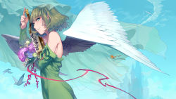 Rule 34 | 10s, 1girl, bare shoulders, bird, blue eyes, blush, bottle, breasts, brown hair, feathered wings, female focus, flower, green eyes, heterochromia, highres, idolmaster, idolmaster cinderella girls, looking at viewer, medium breasts, mole, mole under eye, nemeko, sake bottle, short hair, solo, takagaki kaede, wings